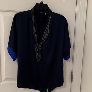 Elie Tahari :Navy and Royal Blue Silk Blouse with Sequin Trim